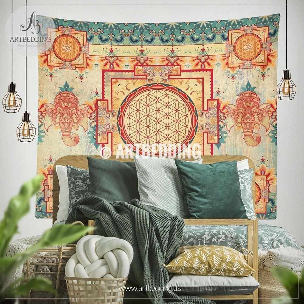 Boho flower of life wall Tapestry, Sacred Yantra Om wall tapestry, Elephant  talisman spiritual tapestry wall hanging, Spiritual bohemian decor –  ARTBEDDING