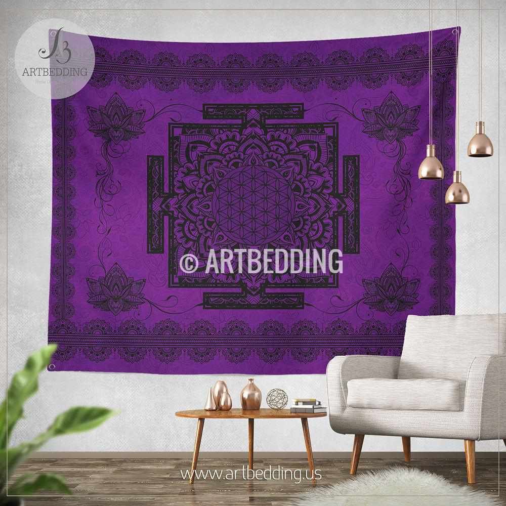 Purple Sacred Yantra WALL Tapestry, Bohemian Wall tapestries, Boho Lotus  Mandala Tapestry, Spiritual Flower of life Wall Hanging, artbedding wall art