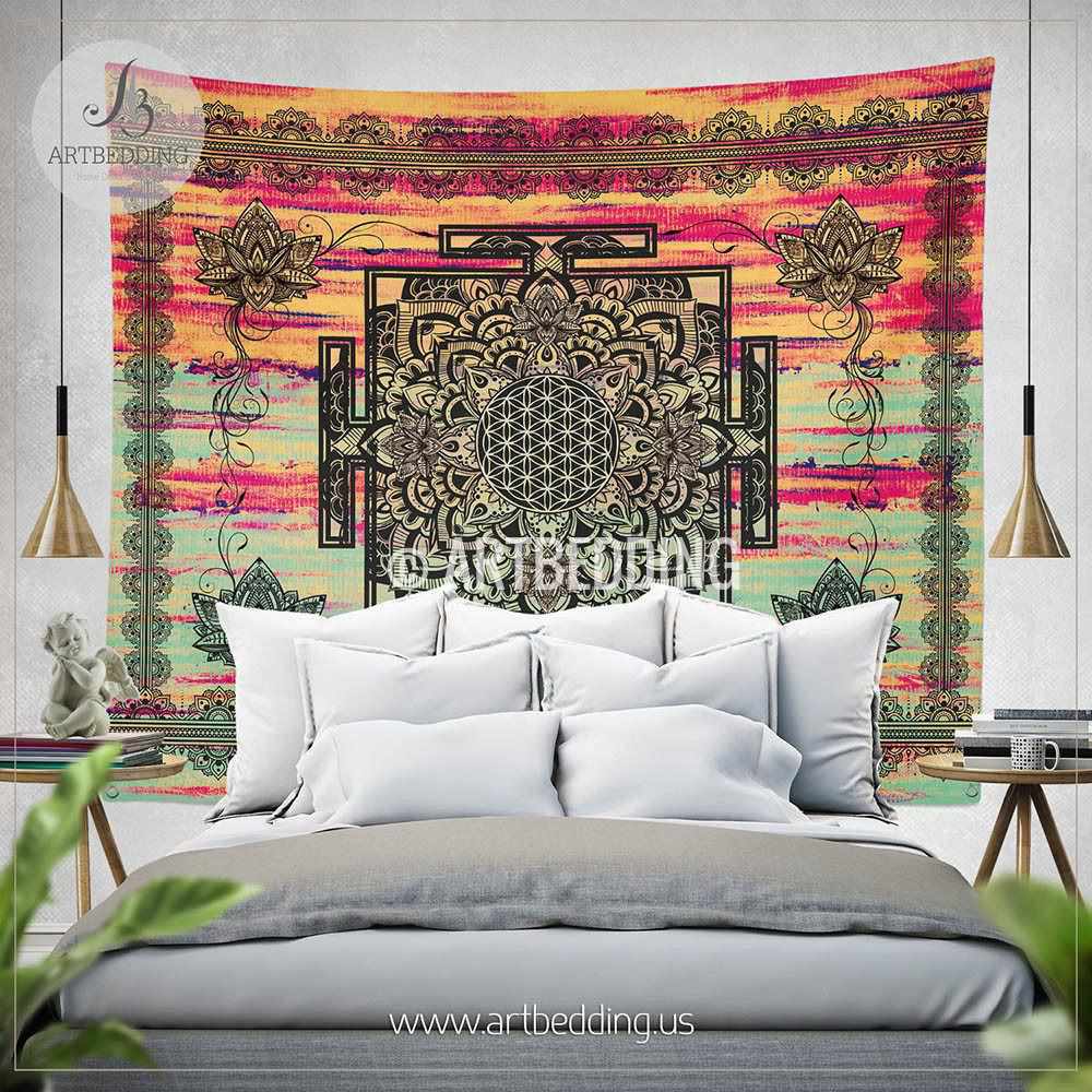 Sacred Yantra WALL Tapestry, Bohemian Wall tapestries, Boho Lotus Mandala  Tapestry, Spiritual Flower of life Wall Hanging, artbedding wall art