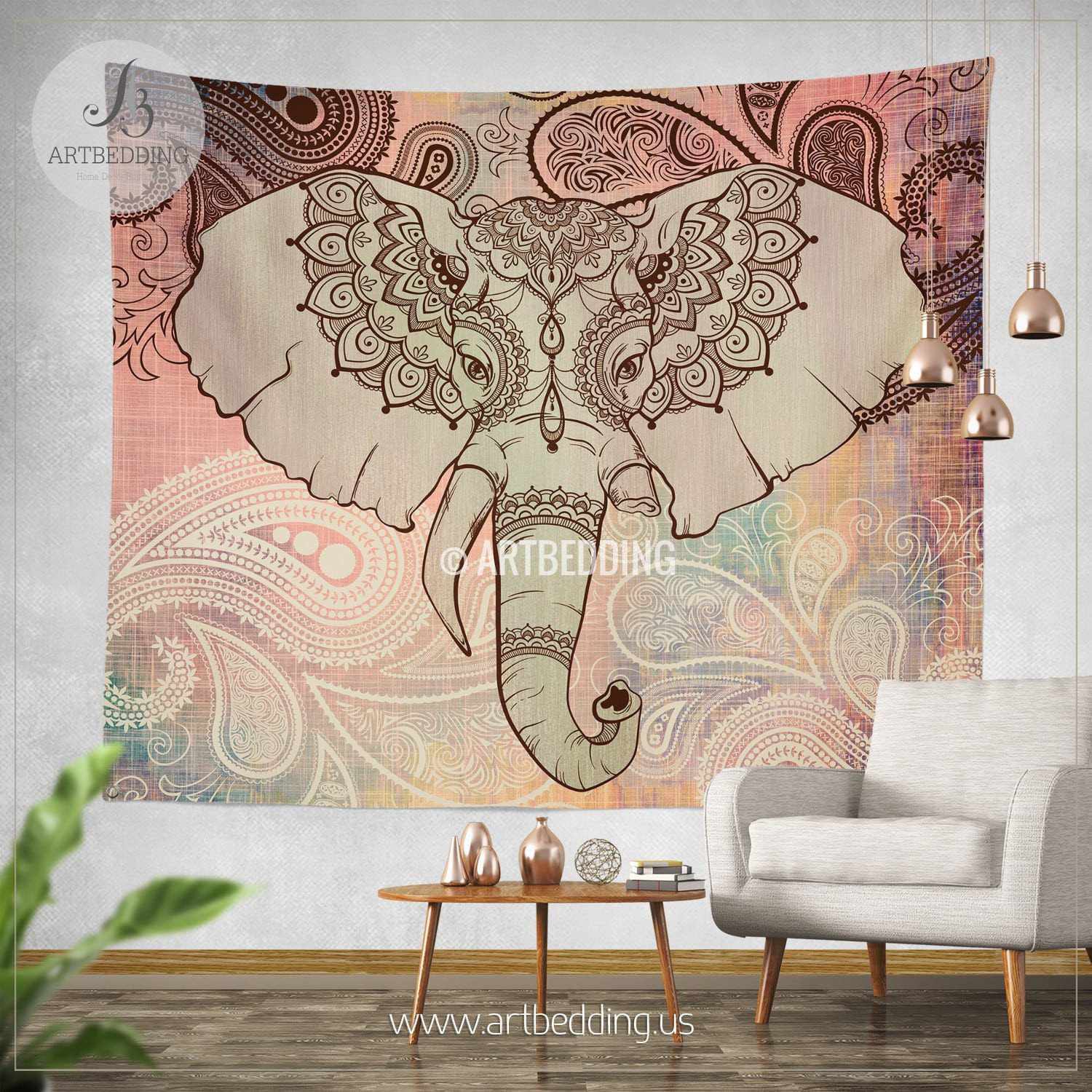 Cheap Light Pink Elephant Mandala Tapestry Kit Wall Hanging from India 